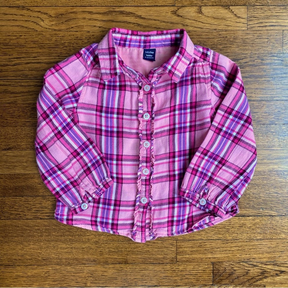 GAP Toddler 18-24 Months Pink Plaid Ruffle Button Down Shirt
